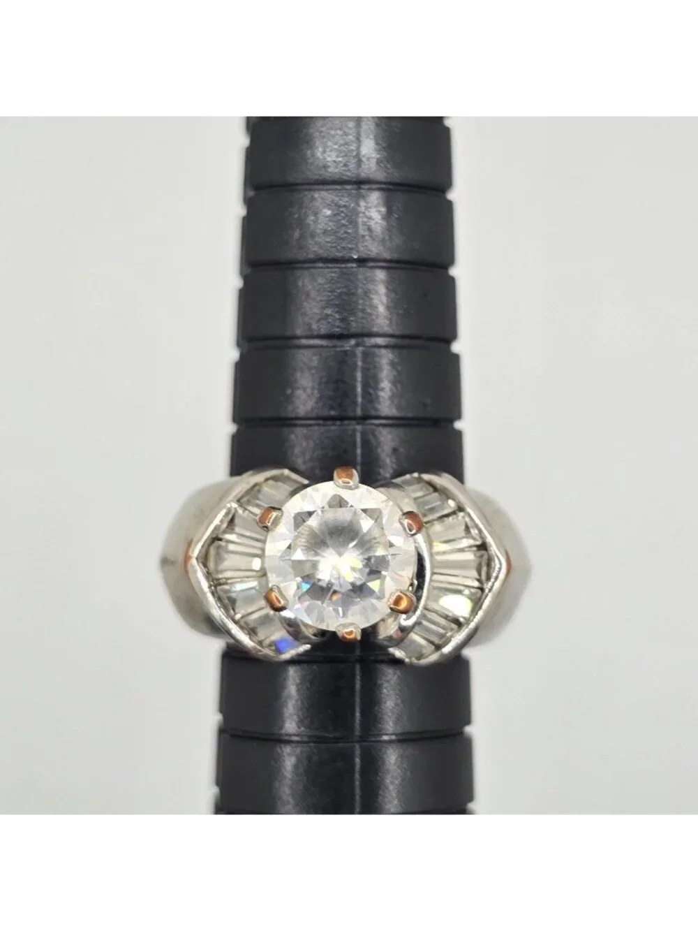 Vintage Silver-Tone Cocktail Ring Large Clear Center Stone Baguette Accents Size